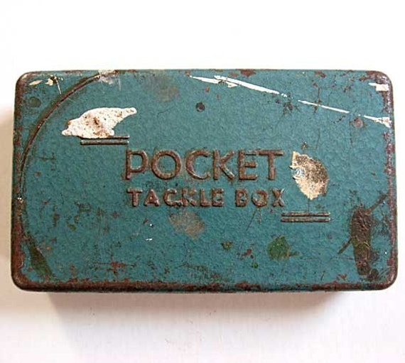 Vintage Teal Blue Metal Pocket Tackle Box with Shabby Surface