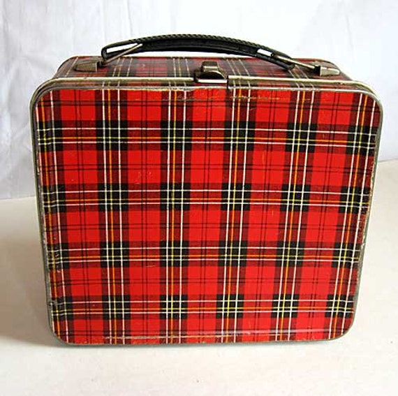 Vintage 1950's Red and Black Plaid Metal Lunch Box For
