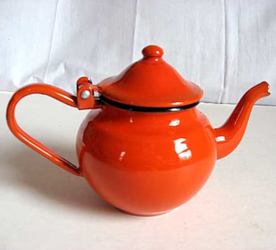 Vintage Bright Orange Enamel Ware Teapot Tea for One