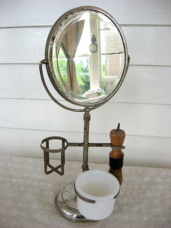 Vintage 1920's Shaving Mirror on Stand w Brush Soap Cup