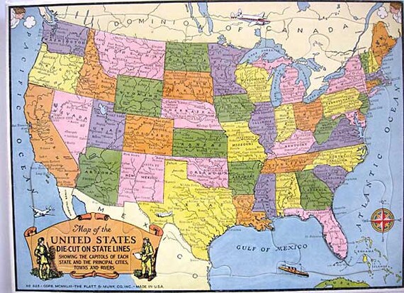 1940's Vintage Die Cut Map of the United by kelleystreetvintage