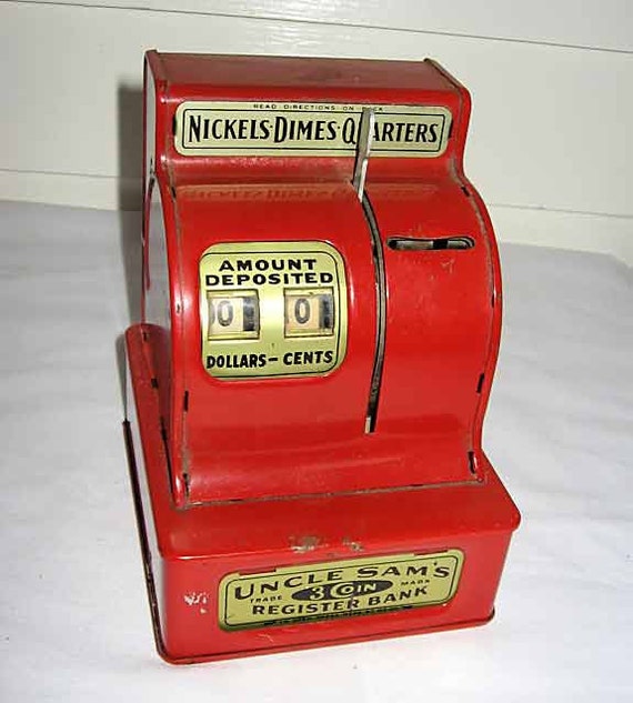 Vintage Lipstick Red Enamel Metal Cash Register Bank c 1960