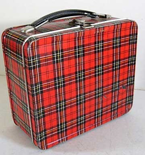 Vintage Red Plaid Tin School Lunch Box with Thermos 1960's