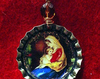 Altered Art Bottle Cap Necklace - Mother and Child - Art by ruby