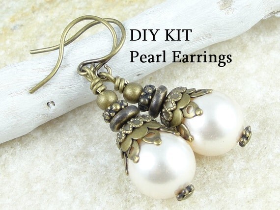 DIY EARRINGS KIT Pearl Jewelry Antique Brass Vintage Style