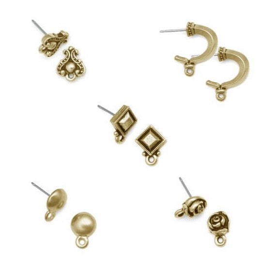 5 Pair Mix Fancy Gold Post Earrings TierraCast Pewter