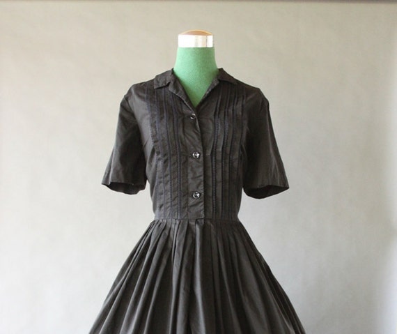 1950s Dress Vintage 50s Black Cotton Shirtwaist by HolliePoint