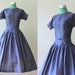 Vintage 1950s Party Dress / Ruched Navy Blue 50s Full Skirt Dress