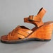 Vintage Sandals / 1970s Wooden Wedge Sandals / 70s Woven Leather Shoes