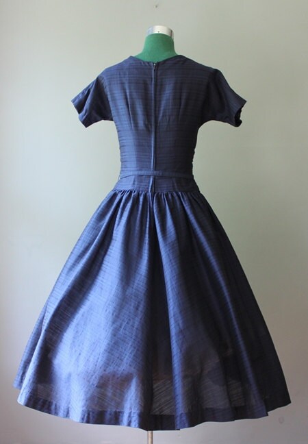 Vintage 1950s Party Dress / Ruched Navy Blue 50s by HolliePoint
