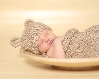 Rococco Brown Knit Baby Cocoon and Bear Hat Set, Newborn Photo Prop for Baby Boy or Baby Girl, Baby Bear Hat Set, Knit Newborn Cocoon Hat