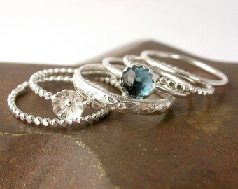 London Blue Topaz Sterling Silver Stacking Rings with Flower Bud