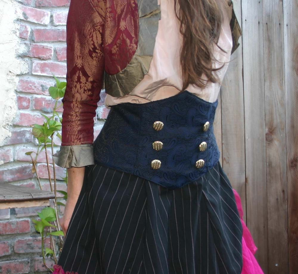 Steampunk Underbust Corset Belt Royal Blue and Black Paisley