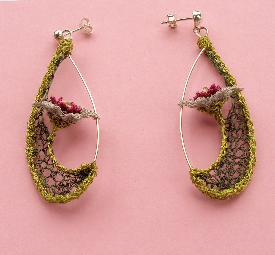 Crochet wire flower earrings with sterling silver posts and