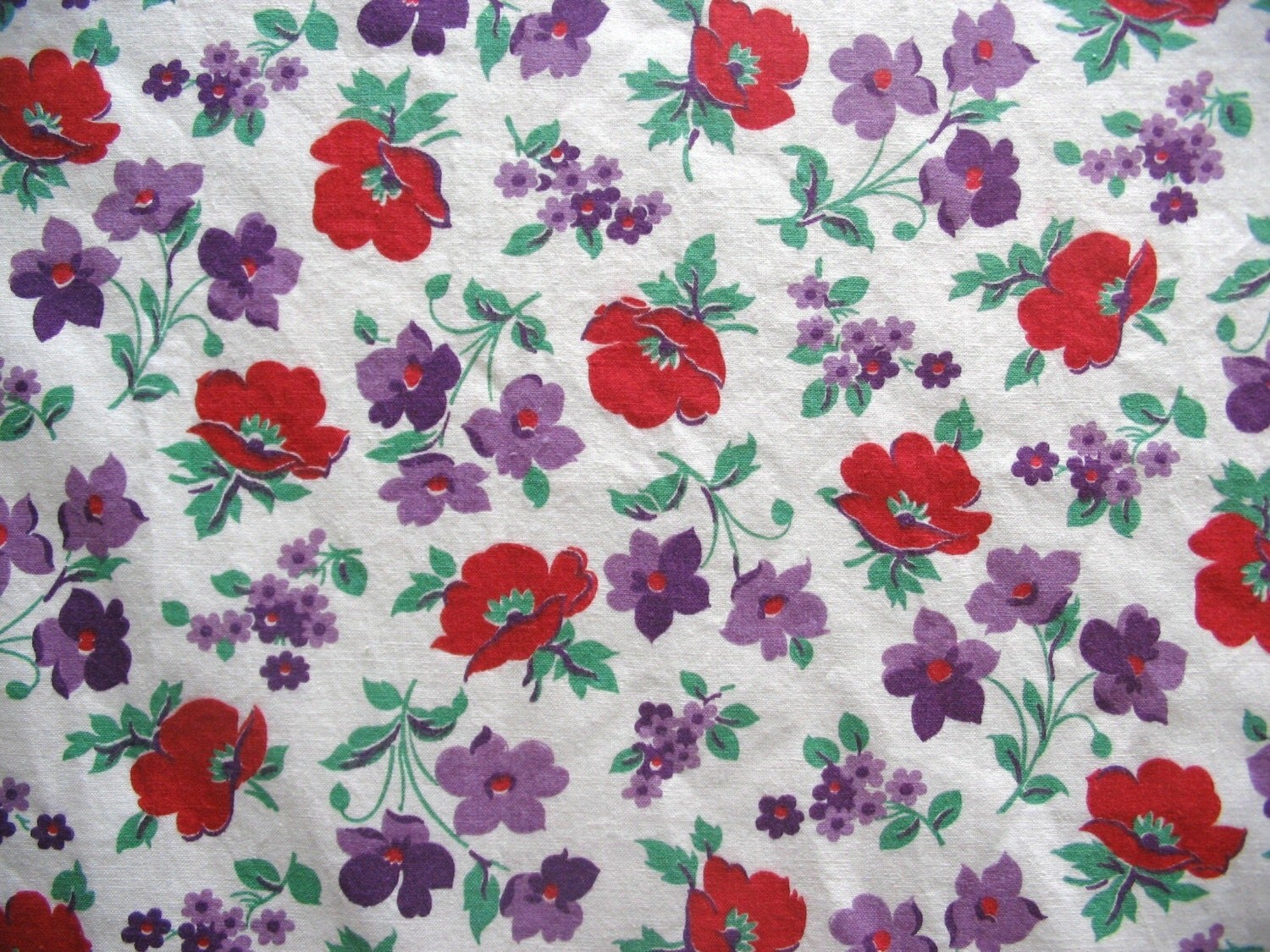 vintage red poppies and purple floral print fabric 35 1/2