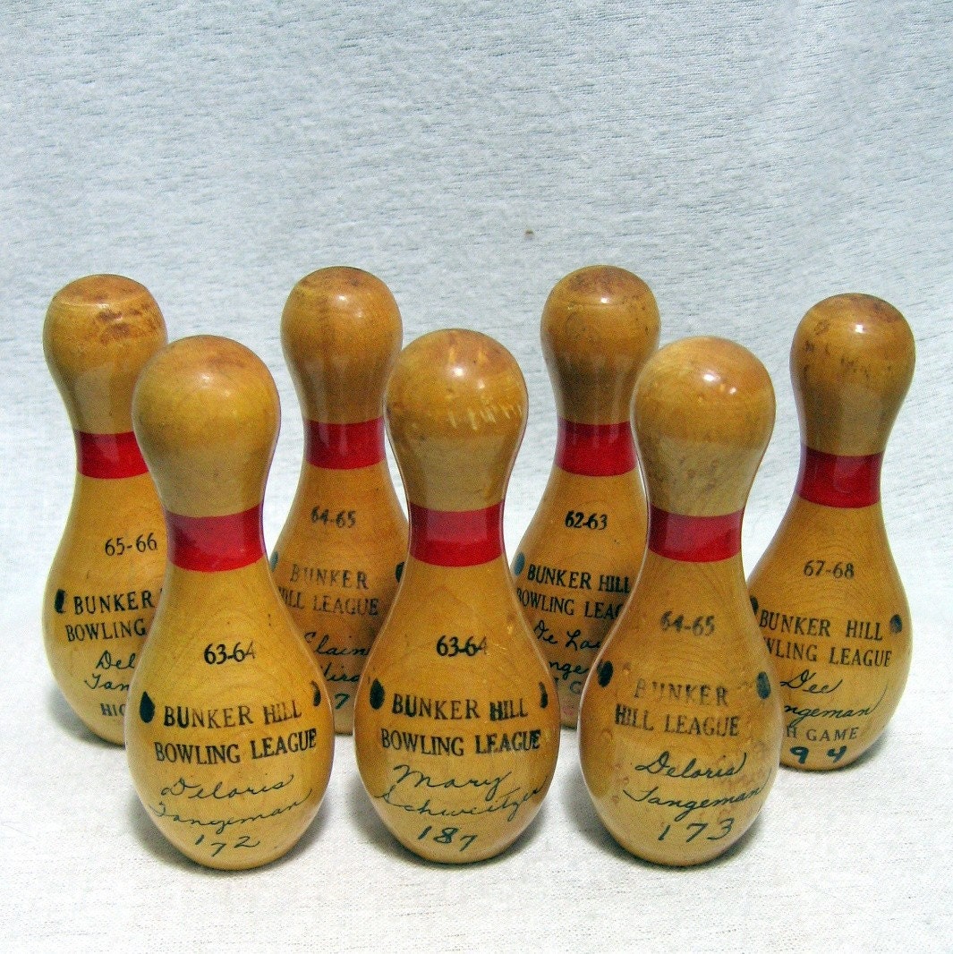 Set of 7 Vintage 60's Mini Wooden Bowling Pin Trophies