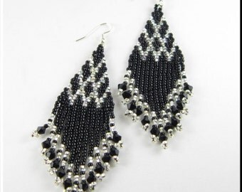 Native American Style Beadwork Seed Bead Earrings, Black and Silver Chandelier Czech Point