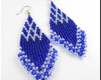 Native American Style Beadwork Seed Bead Earrings Fringe in Blue