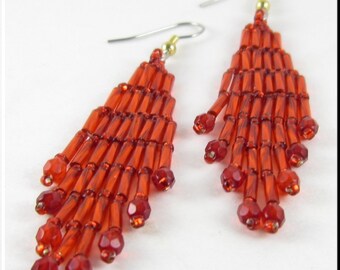 Bugle Girl Native American Style Beadwork Dangle Chandelier Seed Bead Earrings in Red