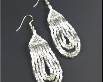 Native American Style Beadkwork Dangle Seed Bead Earrings in White Loop De Loop