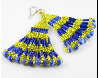 Layered Serenade Native American Style Beadwork Chandelier Seed Bead Earrings in Yellow and Blue