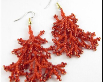 Coral Beadwork Dangle Seed Bead Earrings in Red