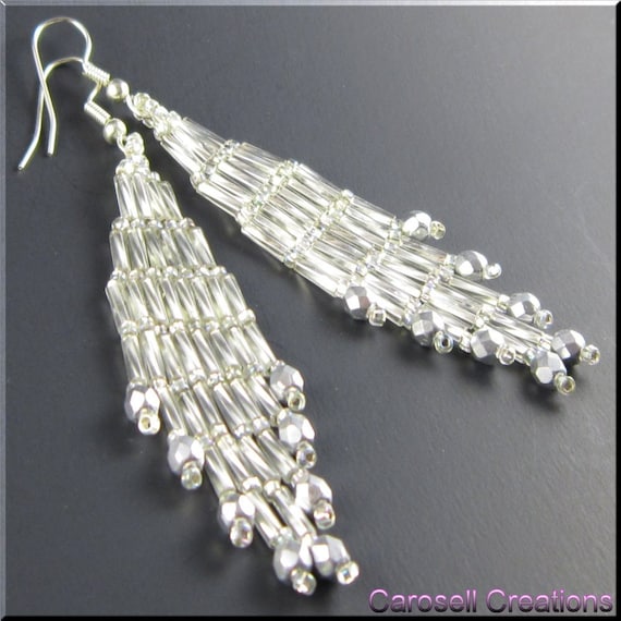 Bugle Girl Beadwork Dangle Chandelier Seed Bead Earrings in