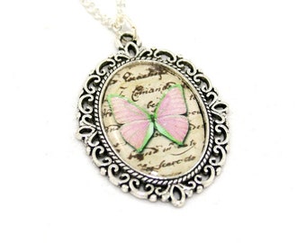 Pink Butterfly Necklace, Cameo Necklace, Nature Illustration, Insect Pendant, Woodland, Animal Necklace