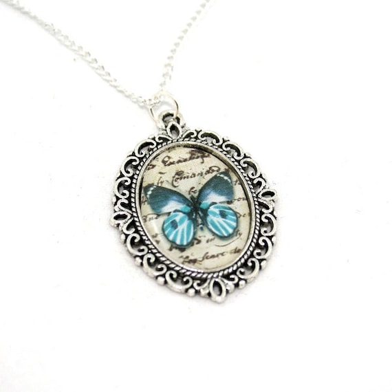 Blue Butterfly Necklace, Cameo Necklace, Nature Illustration, Insect Pendant, Woodland, Animal Necklace
