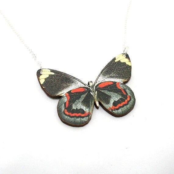 Black & Red Butterfly Necklace Black Jezebel Necklace Wood
