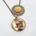 RESERVED CIJ 20% OFF Bird Teacup Locket Illustration Necklace Yellow Flower