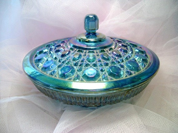 Carnival Glass Candy Dish Vintage Blue Iridescent Collectible