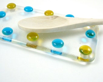 Glass Spoon Rest - Fused Glass Turquoise and Amber Dots