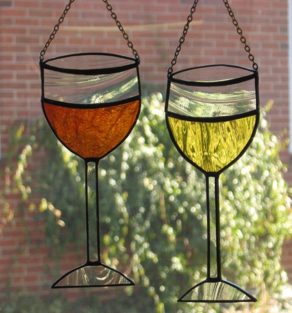 Stained Glass Wine Glasses Set of 2 Suncatchers