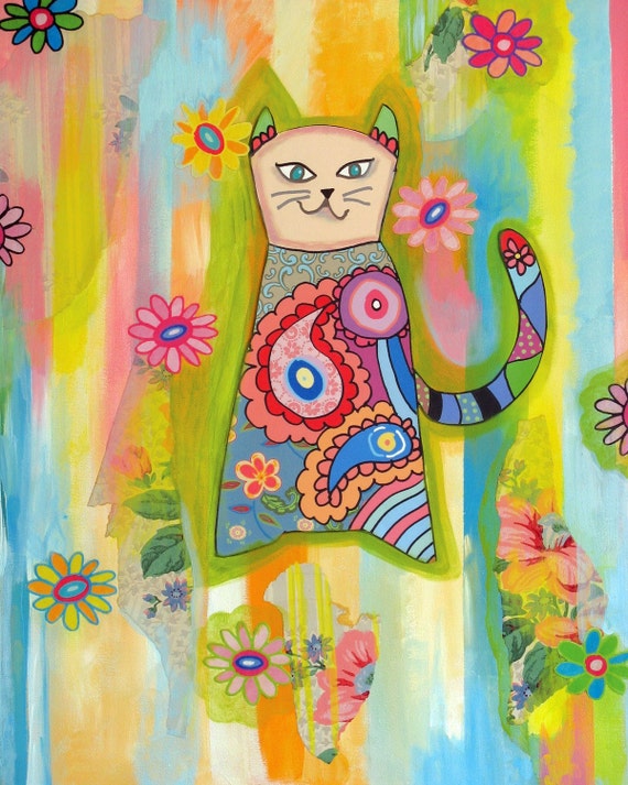 Items Similar To Whimsical Funky Cat Art, Wall Art Print On Etsy