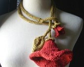 Knit Lariat / Bloom - In Red / All Weather - Cool Absorbent Cotton Necklace/Artwear