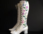 Vintage 60's Boho Embroidered Climbing Flowers Lace Up Granny Boots