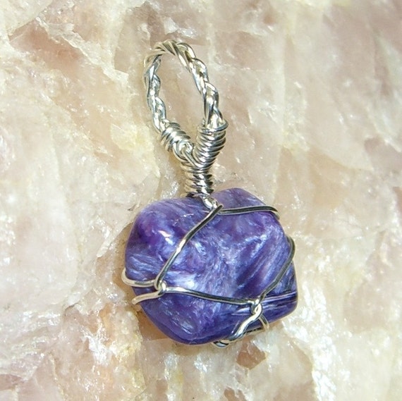 Charoite Tumble Sterling Silver Wire Pendant