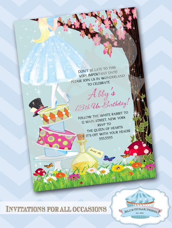 Personalized Birthday Party Alice in Wonderland Invitations Printable DIY