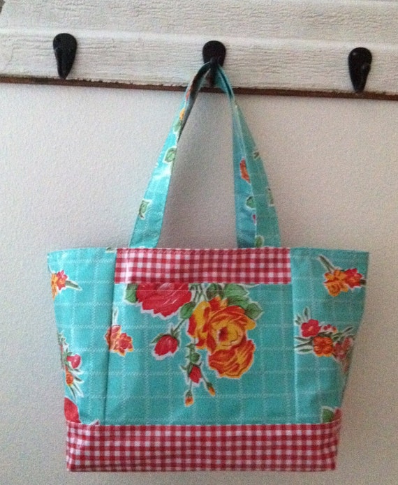 Beth's Large Aqua Vintage Rose Oilcloth Tote Bag with