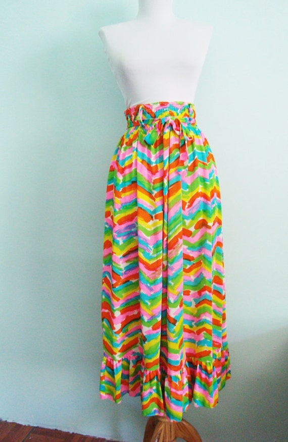 Vintage 70s Neon Rainbow Chevron Bow Skirt