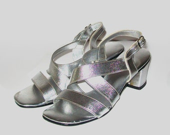 1960s shoes  vintage 60s sandals  strappy  6  Silver Disco Sandals