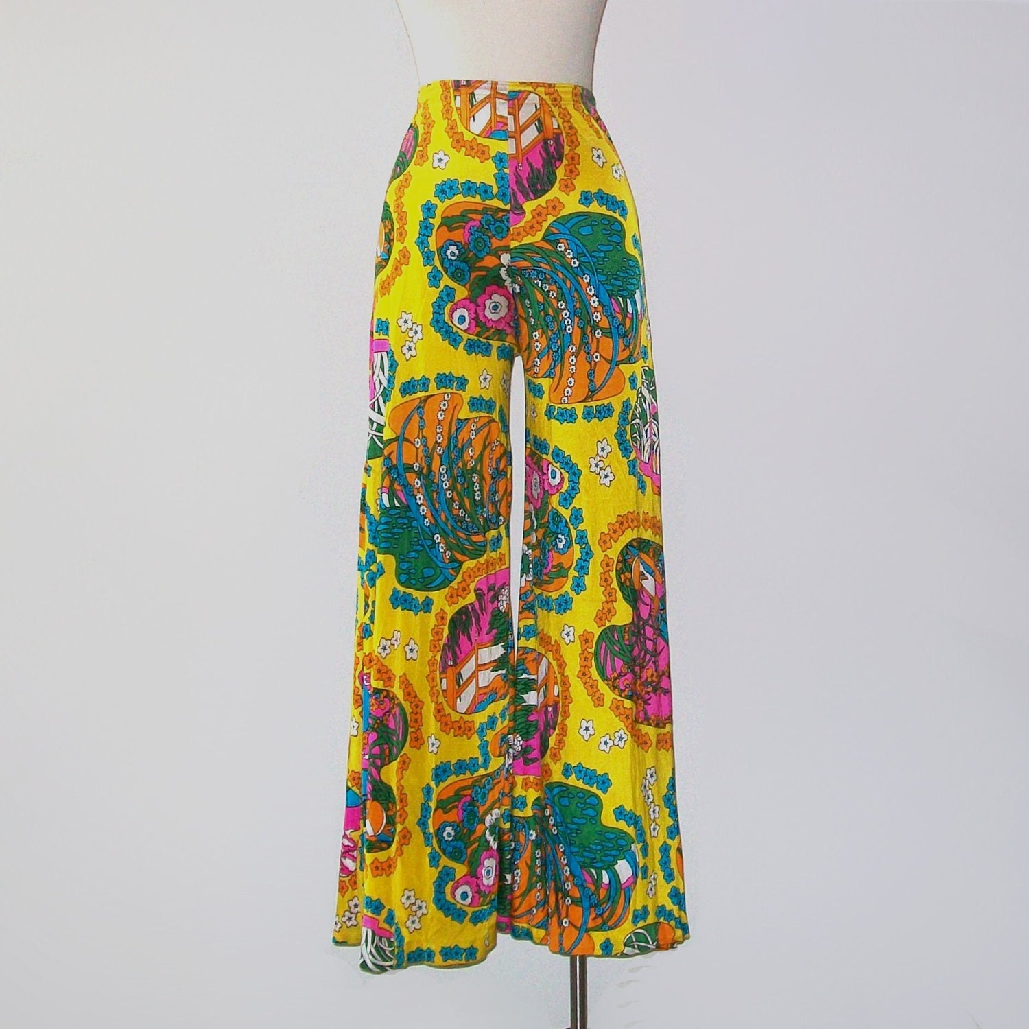Vintage 60s Hippie Neon Dream Bell Bottom Pants Size Extra