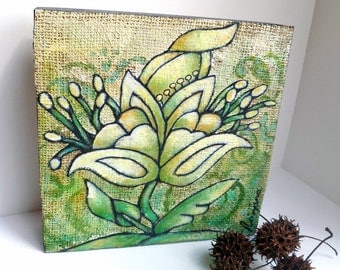 SALE Flower fantasy IX original art on cradled wood panel, marked down 50%, green, acrylic on burlap, home decor, collectible art