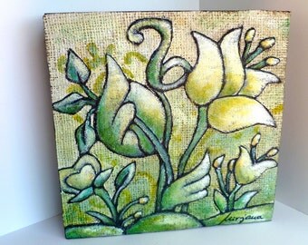 SALE Flower fantasy VII original floral art, cradled wood panel, marked down 50%, home decor, acrylic on burlap, floral