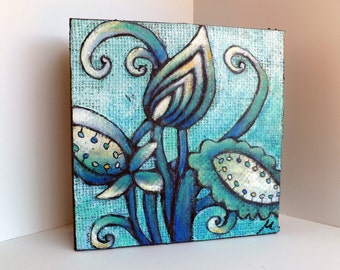 SALE Flower fantasy V artwork, original art, marked down 40%, blue, cradled wood panel, acrylic on burlap, home decor, floral