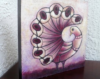 SALE Fowl V artwork, mixed media original bird art, marked down 70%, cradled wood panel, purple, home decor, acrylic on burlap