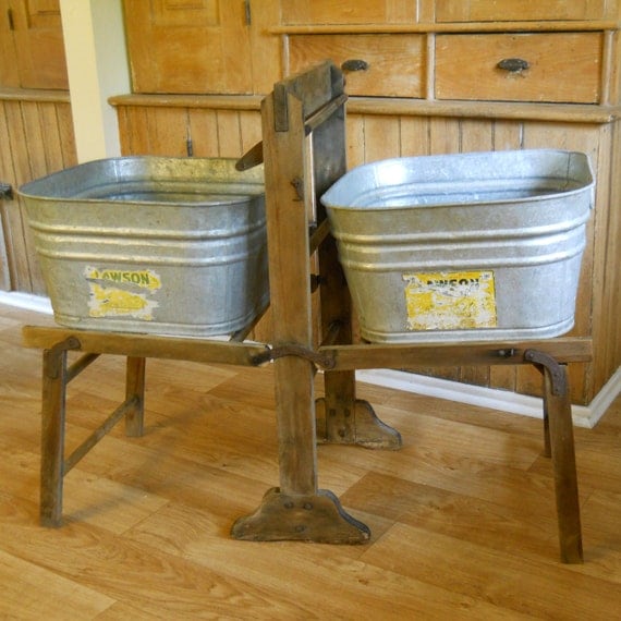 Vintage Galvanized Wash Tubs with Wood Wash Stand