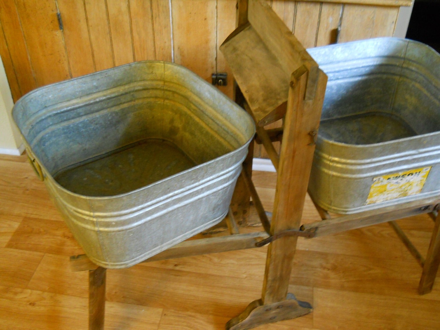 Vintage Galvanized Wash Tubs with Wood Wash Stand