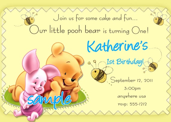 Winnie the Pooh 1st Birthday Invitations, Printable Photo Card, Digital File